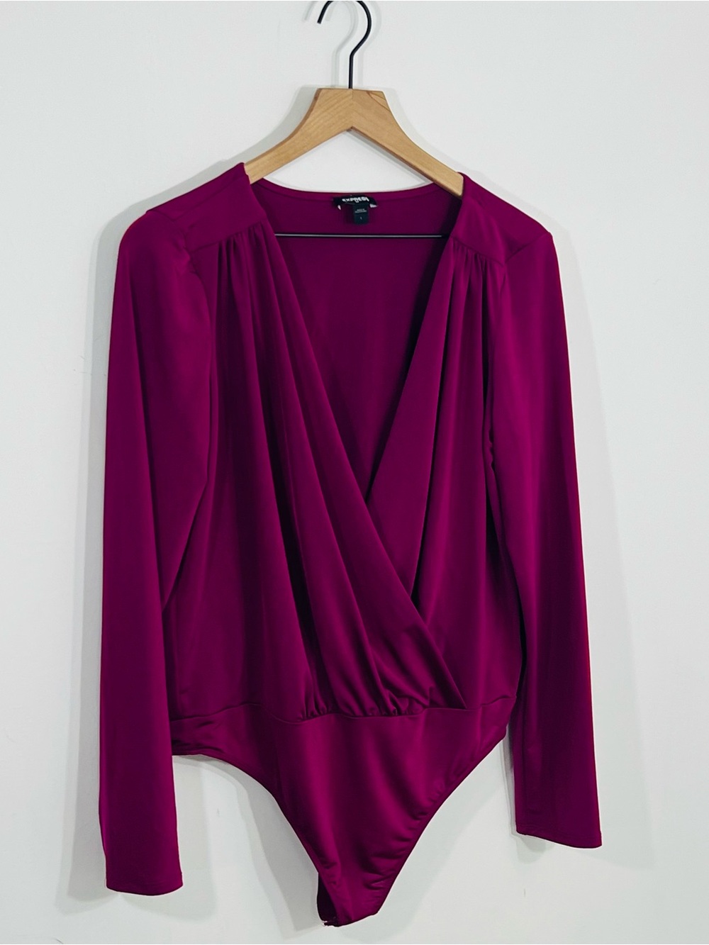 Express Vibrant Purple Wrap Style Deep V Neck Bodysuit Two Button Snap Size L